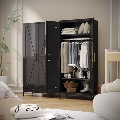 Image of Aobabo 2 Door Metal Wardrobe Cabinet with Hanging Rod, Metal Wardrobe Closet with 2 Adjustable Shelves, Storage Lockers for Home,Office,Installation Required, Black