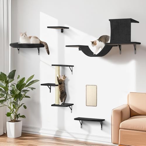 Cat Wall Shelves, Stable Safe 6 in 1 Cat Furniture Set Black, Woo...