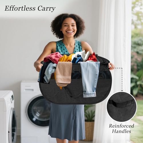 Image of 100L Extra Large Mesh Pop Up Laundry Hamper with Lid & Handles 2 Pack, XL Foldable Dirty Clothes Basket for Home Dorm Closet Storage, Portable Laundry Bin, Black. 2H