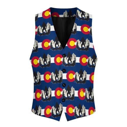 Colorado Bigfoot Mountains Flag Suit Vest for Men Slim Fit Sleeveless Jacket V Neck Business Waistcoat Button Up Dressy Top 6