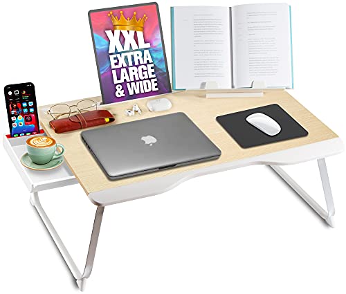 🛒 Crazy Deals Cooper Mega Table [XXL Extra Large - Premium Build] Folding Bed Desk, Lap Desk & Laptop Table  Drawer, Book Stand, Lots of Leg Space (White Oak)