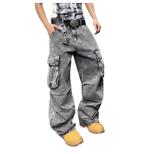 DFGIGT Calça jeans masculina folgada com bolsos cargo de peso médio casual streetwear calça jeans de perna larga hip hop skater, G15 cinza escuro, P