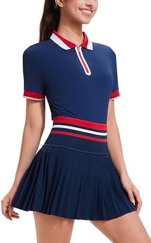 Tennis Skirt Sets for Women Zipper Color Block High Waisted Golf ...