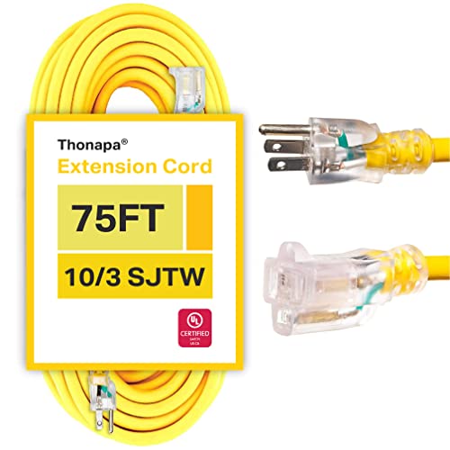 Thonapa 75 Ft 10 Gauge Extension Cord, Weatherproof Heavy Duty Outdoor Extension Cord 10 Awg 75’, Sjtw 3 Prong Lighted Plug 10/3 Yellow Cable 15 Amp, Great For Major Appliances & Garden Tools #TOP7
