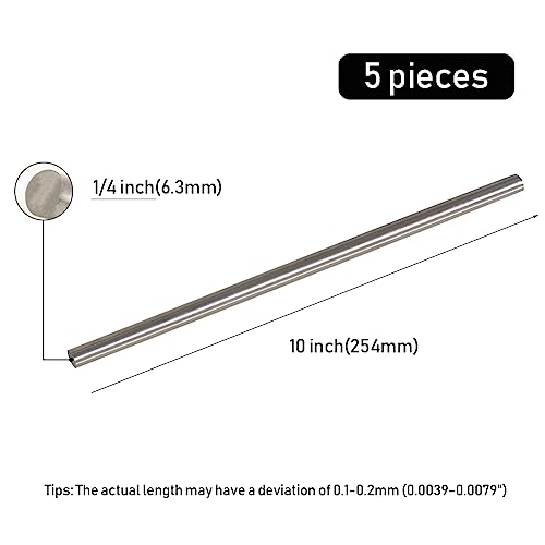 Tynulox 5Pcs 304 Stainless Steel Rod 1/4"(6.3mm) Diameter 10" Per Rod Round Solid for Industry, Metal Working Hobbies and DIY Craft