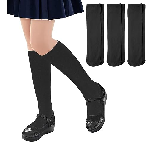 ZERULETS - ZERULETS Girls Knee High Socks Kids School Uniform Dress Long Tube Socks 3 Pairs for 1-14 Years Girls Boys Kids Toddlers(Black, 8-12 Years)