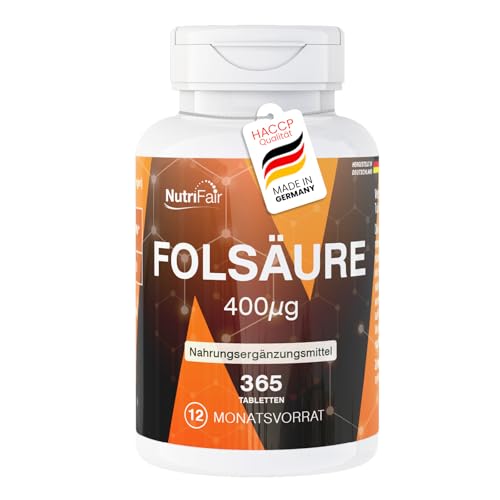 Nutrifair Folsäure 400μg, 365 Tabletten, schluckfreundlich, Kinderwunsch und Schwangerschaft, Hochdosiert, 100% Vegan, Deutsche Produktion & Laborprüfung