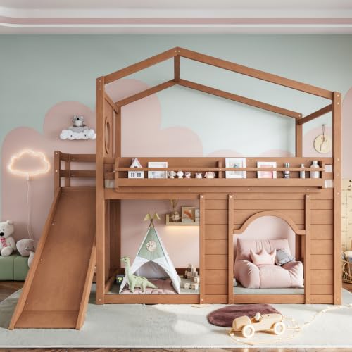 Image of Bellemave Bunk beds Twin Over Twin with Slide,Bookshelf and Wardrobe House roof Design, Low bunk /loft Bed for Kids, Natural