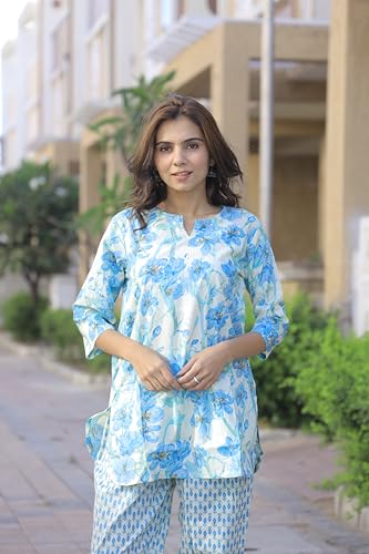 Image of Women's Cotton Night Suit Set, Printed Top and Pyjama, Casual Loungewear Sleepwear for Womens Girls