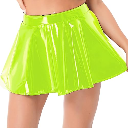 Women's Wet Look Patent Leather Skirt Flared Pleated Zipper A-Line Mini Skater Skirts Clubwear2