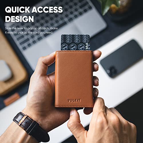 VULKIT Pop up Card Holder Genuine Leather Bifold Wallet with Banknote Compartment, ID Window & Coin Pocket(Brown)