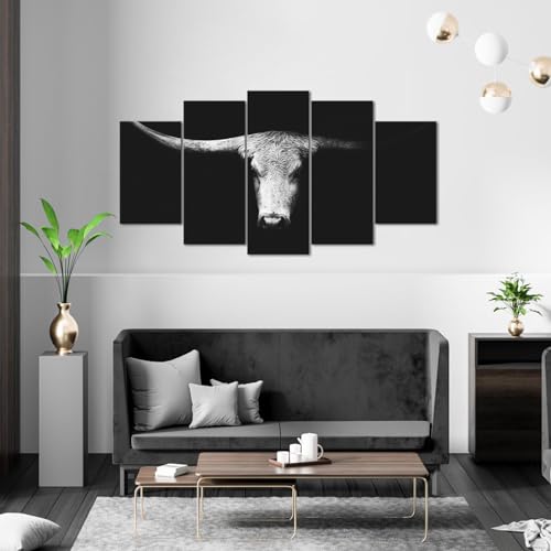 LevvArts Large 5 Pieces Longhorn Cow Canvas Wall Art Black and White Western Cattle Portrait Photo Painting Modern Man Cave Home Office Living Room Decor by LevvArts - Used condition - Image 5