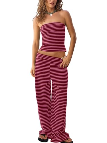 Tankaneo Womens Striped 2 Piece Sets Summer Strapless Crop Tube
