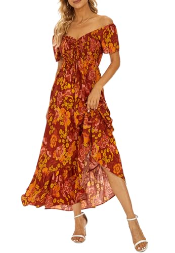 Image of Summer Smocked Boho Maxi Dress for Women 2026 Short Sleeve Floral Smocked Flowy Ruffled Beach Vacation Dresses Lightweight