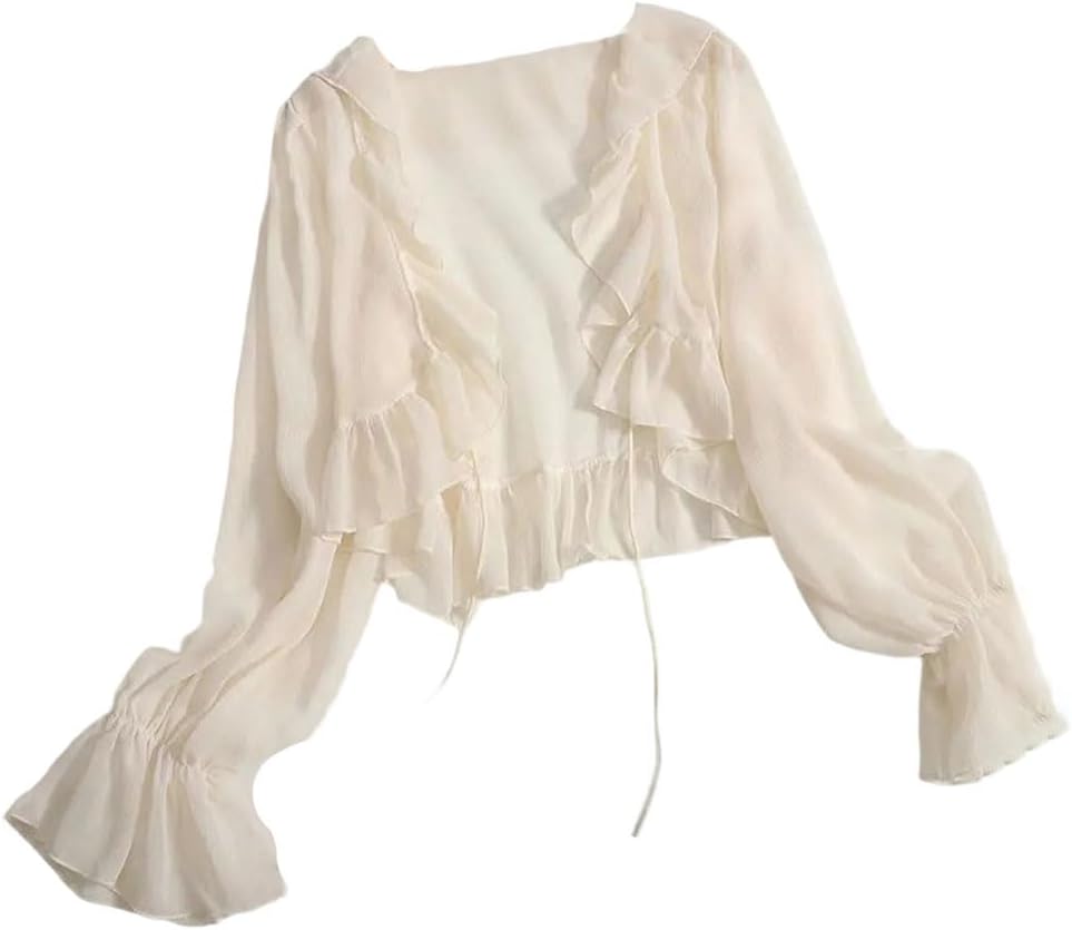Women Ruffles Sun Protection Jackets All-Match Breathable Flare Sleeve Lace-Up Summer Basic Shirts