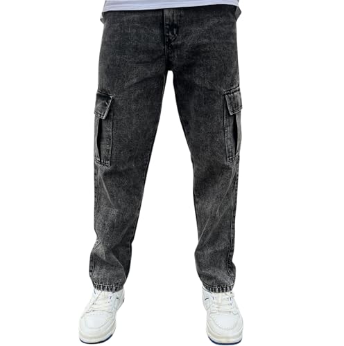Men's Cargo Denim Jeans, Classic Blue, Relaxed Fit, Cotton Blend, Utility Style with Side Pockets, Casual Wear
