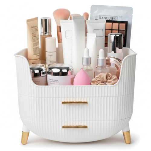 HALAFE Makeup Organizer with Drawers, Skincare Storage Box for Vanity, Multiple Compartments, Portable Cosmetic Display Case with Handle, Large Make up Organizers for Dresser, Bathroom, Bedroom, Pink