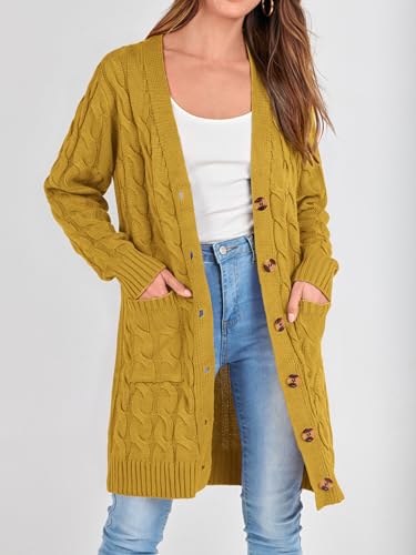 Image of PRETTYGARDEN Long Sleeve Cable Knit Long Cardigan for Women 2026 Spring Winter Chunky Open Front Button Sweaters with Pockets