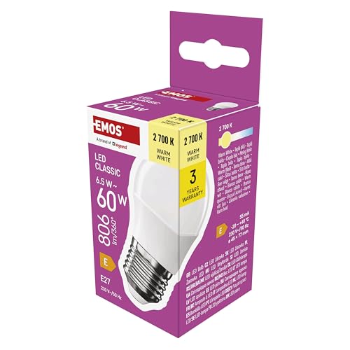 EMOS Bombilla LED Mini Globe, 6,5 W de repuesto para bombilla de 60 W, bombilla pequeña con casquillo E27, brillo 806 lm, blanco cálido 2700 K, 30000 h de vida útil, CRI mín. 80, ángulo de haz de 150°