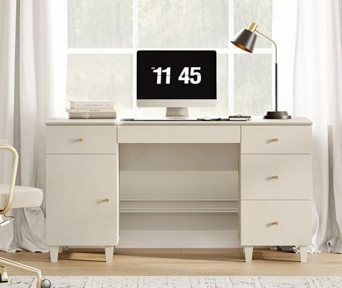 Image of WAMPAT Desk with Drawers & Storage Cabinet, 58 Inch Beige Wood Desk with Charging Station, Modern Home Office Large Wooden Executive Computer Desk, Vanity Desk for Bedroom