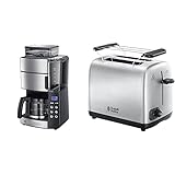 Russell Hobbs Kaffeemaschine mit Mahlwerk, Glaskanne 10 Tassen, digitaler programmierbarer Timer, 3-stufige Mahlgradeinstellung & Toaster Adventure, inkl. Brötchenaufsatz, 6 einstellbare, 850 Watt