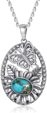 Sterling Silver Nature-Inspired Necklace for Women– Flower Butterfly Pendant, Enhanced Turquoise/Moonstone/Opal Inlay - Boho Jewelry Gift for Her