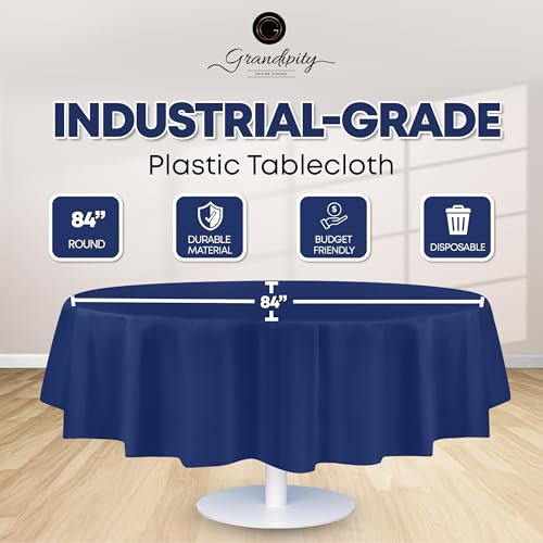 Image of Grandipity Plastic Table Cloth Disposable 12 Pack 84 inch Round Navy | Plastic table covers, durable disposable tablecloths, fade and tear-resistent table cover for party, event