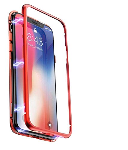 Image of The Little Shop Back Cover Case for Realme 5 Pro Magnetic Metal Frame Tempered Glass (only at The Back) with Built-in Magnets Bumper Hard Back Case (Red)