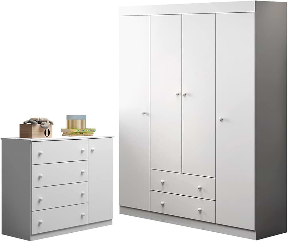 Quarto de Bebê Helena Phoenix Baby Roupeiro + Cômoda Branco