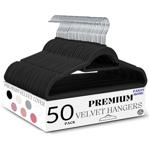 50 Black Velvet Hangers Non-Slip Clothes Coat Hangers Coat with Tie Bar and 360 Swivel Hook Space-Saving 0.6 cm Thick 45 cm Long for Dresses Trousers (50 Pack Black)