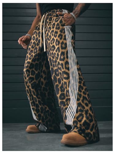 Verdusa Men's Cheetah Print Baggy Pants Wide Leg Striped Cheetah Y2K Trousers2