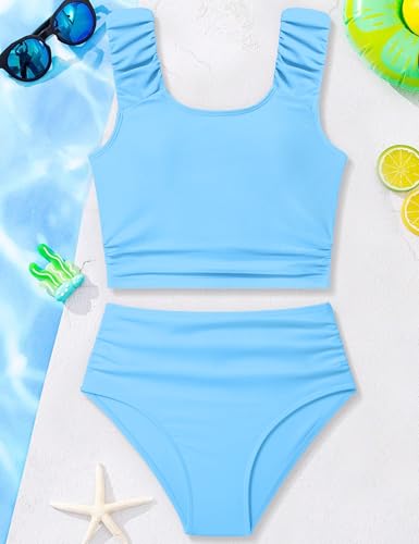 Image of Girls Tankini Swimsuit 2 Piece Bathing Suit Twist Cross Back Cutout Swim Tank Top Floral Print Swimwear for 7-18Y