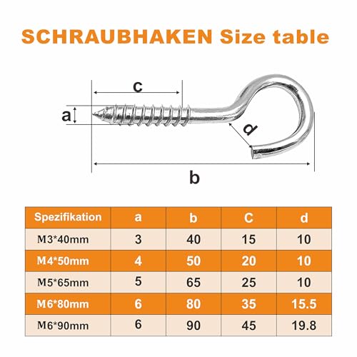 Rhimooay Schraubhaken Klein 304 Edelstahl 10 Stück, Hakenschrauben mit Gewinde, Haken zum Schrauben, Gewindehaken, Einschraubhaken Robuste Rostfrei Becherhaken（M3-40mm）