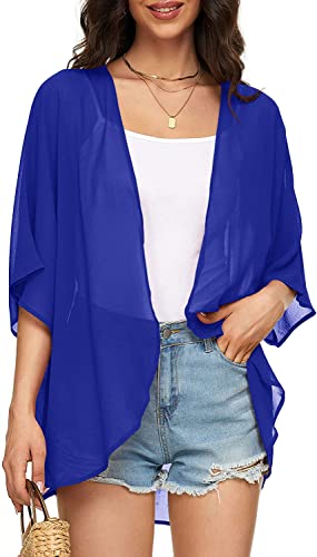 Image of Indian Trendy Women's Solid Puff Sleeve Kimono Cardigan Loose Cover Up Casual Blouse Top Chiffon