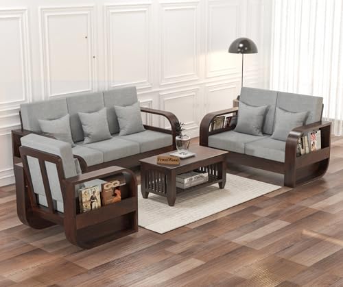 Image of Sheesham Wood 6-Seater Sofa Set - Walnut Finish with Grey Cushions for Living Room & Home Office, Spacious Wooden Sofa Set for Modern Home Furniture