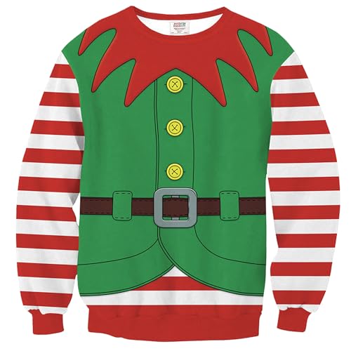 Arvilhill Mens Ugly ELF Stripe Christmas Sweatshirt Unisex Tacky 3D Graphic Print Hilarious Funny Sweater Holiday Jumper L