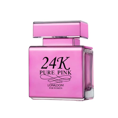 Lonkoom 24K Pure Pink Perfume for Women, 3.4 fl oz/100ml Eau de Parfum Spray Long-Lasting Fragrance, Floral Fruity Notes of Apple Mango Strawberry Grapefruit Freesia Amber Musks Vanilla Pudding