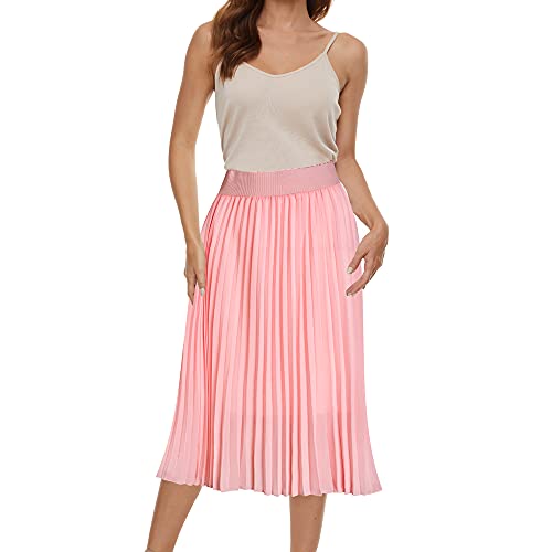Womens Chiffon High Waist Skirt Pleated A-Line Swing Elastic Shirring Midi Length2