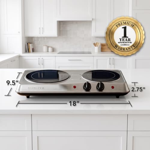 Image of Ovente Countertop Burner, Infrared Ceramic Glass Double Plate Cooktop, Indoor and Outdoor Portable Stove, 1700 Watts (BGI102)