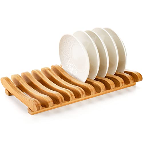 Frcctre Bamboo Dish Drying Rack, 10 Slots Bamboo Cabinet Plate
