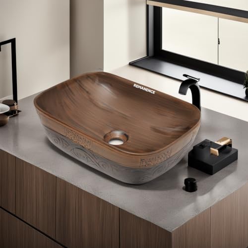 REMANENCE Premium Wooden Style Designer Table Top Ceramic Wash Basin/Vessel Sink with Slim Rim for Bathroom | Over Countertop Basin For Living Room (1