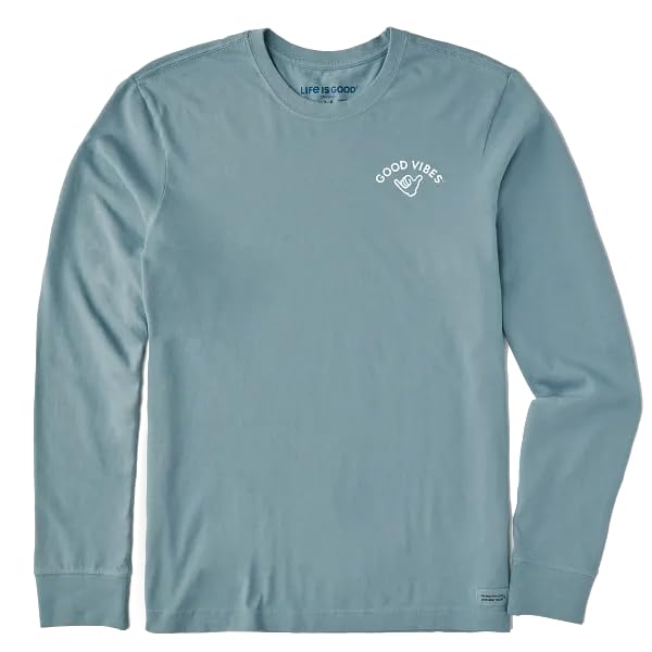 Life is Good. Men's Good Vibes Shaka Long Sleeve Crusher Tee, Smoky Blue
