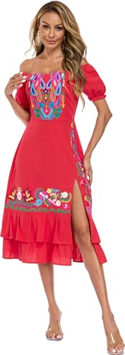 Image of YZXDORWJ Mexican Dress for Women Boho Embroidered Sexy Ruffle Maxi Dress Short Sleeve Summer Beach Wedding Party Dress