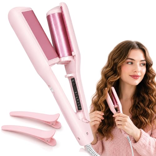 Rizador de Pelo,32mm Rizador Pelo Ondas Francesa Profesional Ondulador de Pelo Rizador 4 temperaturas 160-220°C viene con 2 Pinzas