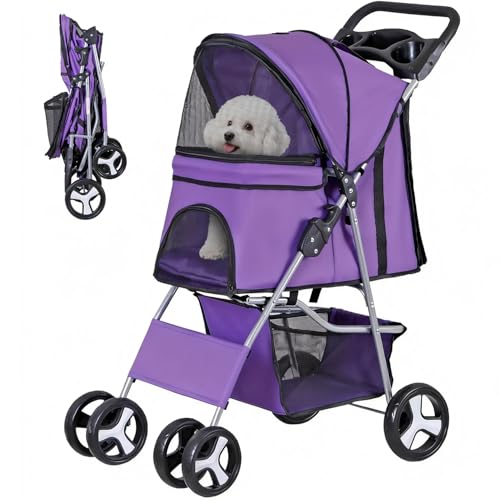 Image of ZENY Foldable Pet Stroller, Cat /Dog Stroller with 4 Wheel, Pet Travel Carrier Strolling Cart with Storage Basket, Cup Holder (Purple)