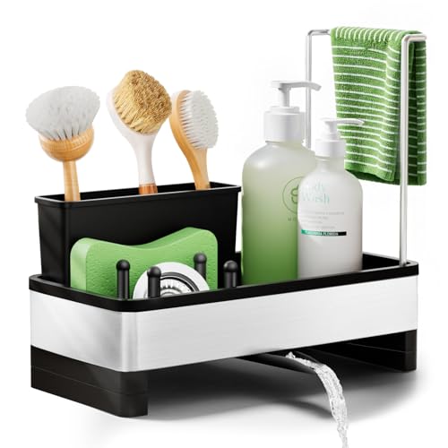 Alyvisun Grande Capacité Rangement Eponge Evier Cuisine avec Bac de Vidange Automatique, Organiseur Evier Cuisine en Acier Inoxydable avec Amovible...