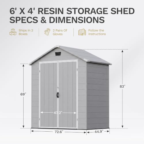 Image of Devoko 6X4 FT Plastic Outdoor Storage Shed with Floor, Light Grey
