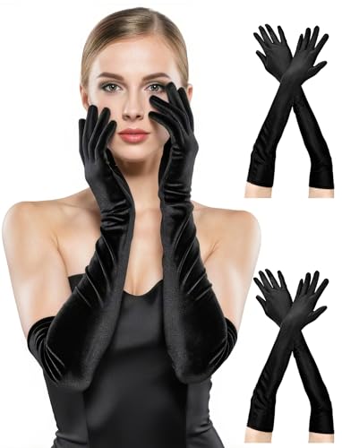 BEVTEE Long Black Gloves Women, 2 Pairs Satin Opera Gloves, 1920s Stretchy Formal Gloves for Party Dance Costume, Halloween Cosplay, Wedding, 20.8 Inch