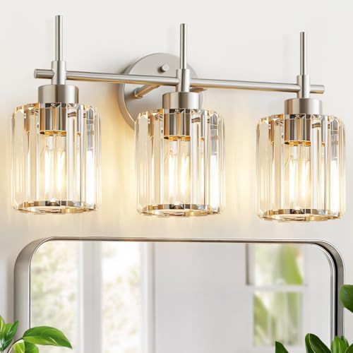 Image of EJIAXIN 3 Light Crystal Bathroom Light Fixtures, Brushed Nickel Vanity Mirror Lights, Crystal Bath Vintage Wall Mounted Lamps Wall Light Fixtures for Bathroom, Living Room