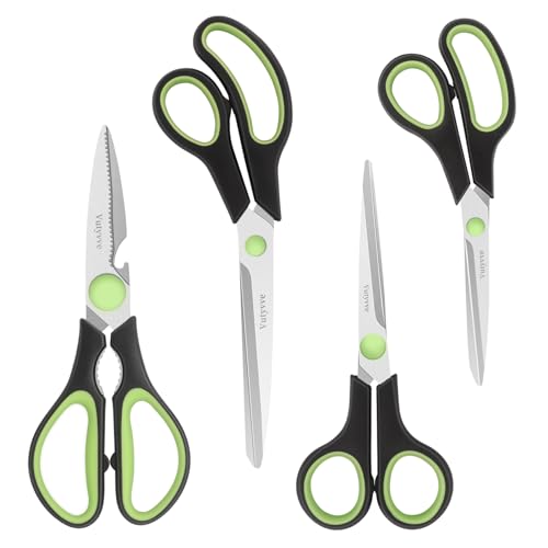 Vutyvve Kitchen Scissors, Stainless Steel Blades, Soft Grip, Multi-Purpose Heavy Duty Kitchen Scissors Set, Black/Green, 4 Piece Set